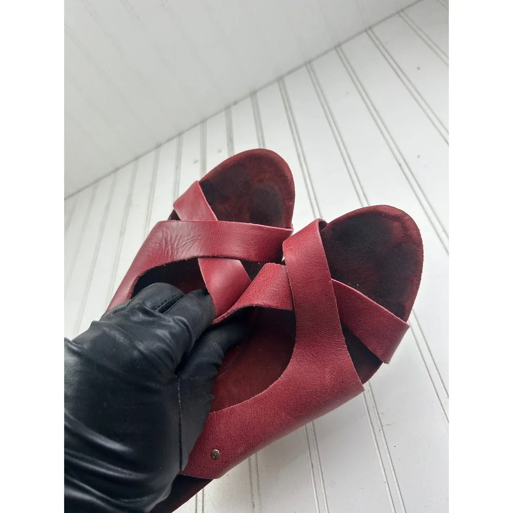 UGG Women's Red Leather Cork Wedge Sandals